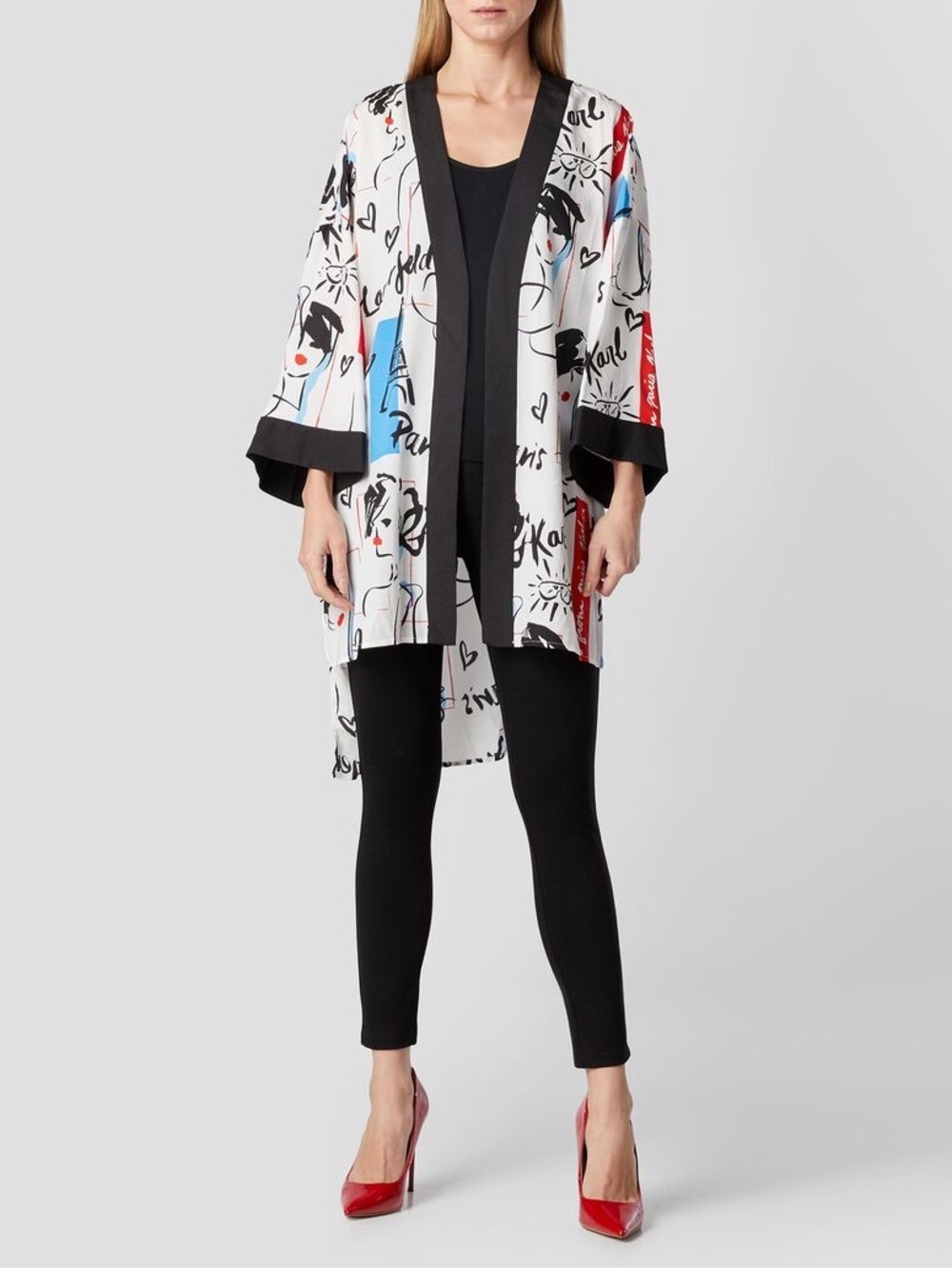 Karl Lagerfeld Black White Red Graphic Open-Front Women's Open Cardigan TC0153